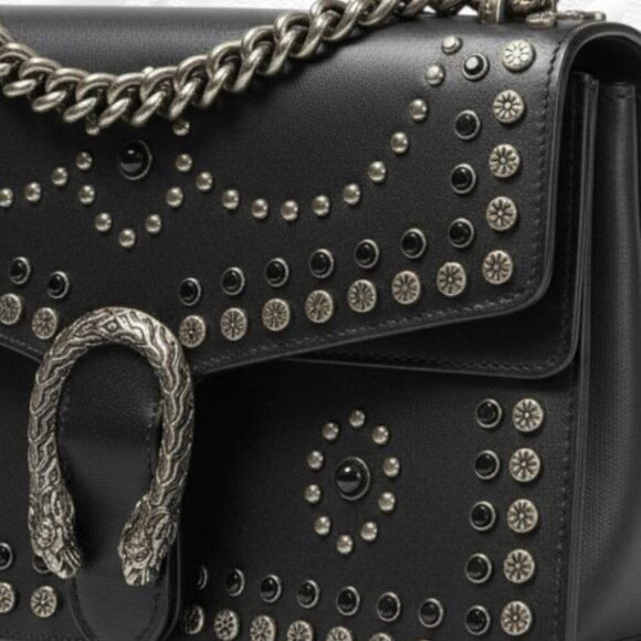 Dark Grey Studded Handbag – Heavy Chains, Horseshoe Clasp, Statement Piece! - Picture 6 of 7